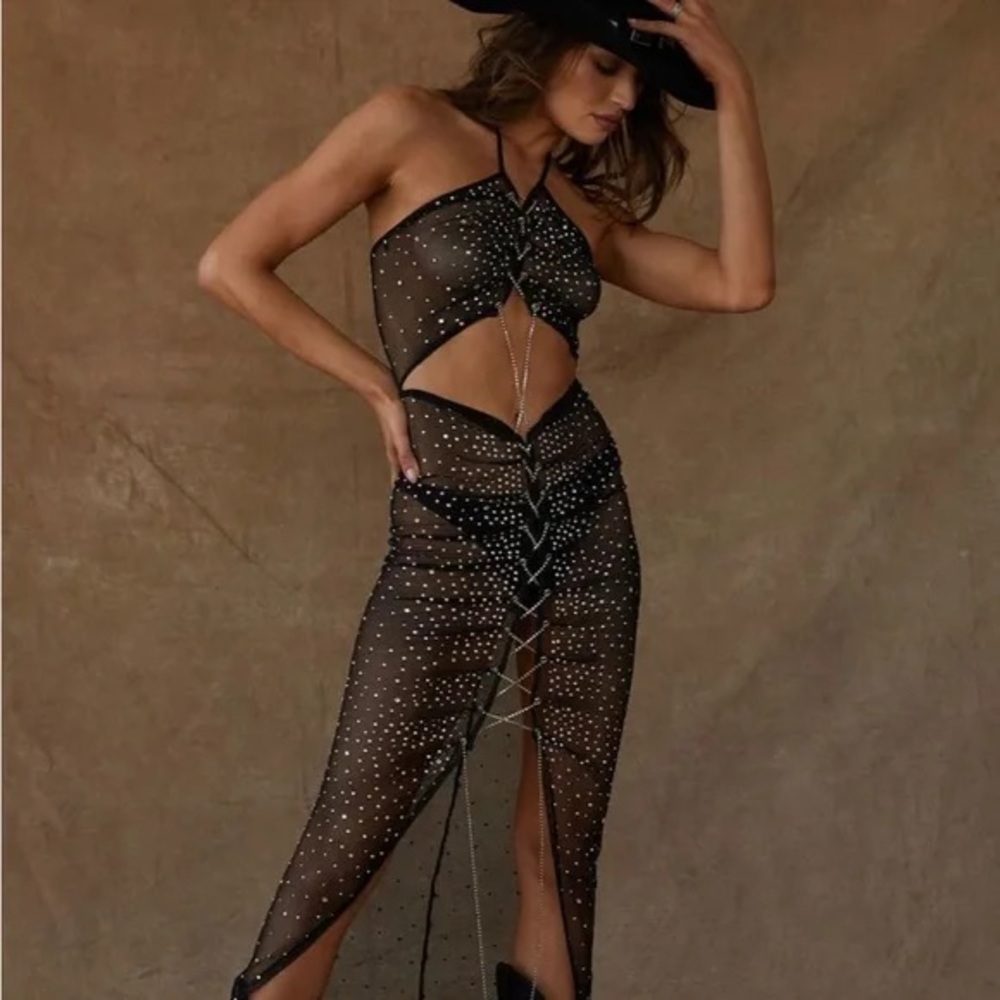 12th Tribe Sheer Black Halter Dress with Rhinestones